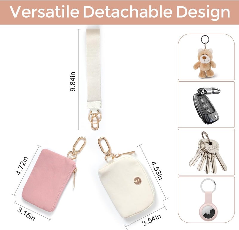 JEEBURYEE Dual Pouch Wristlet Keychain Wallets for Women with 2 Detachable Zipper Coin Purse - Small and Portable Mini Card Wallet for Women Men Gold Hardware Pink+Ivory - Image 2